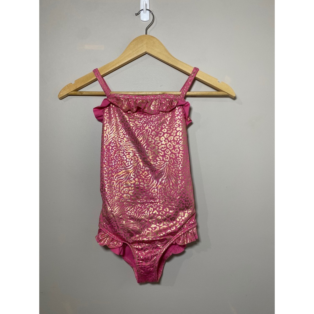 Vince Camuto Girls 10 Pink Gold Metallic Animal Print Ruffle One Piece‎ Swimsuit